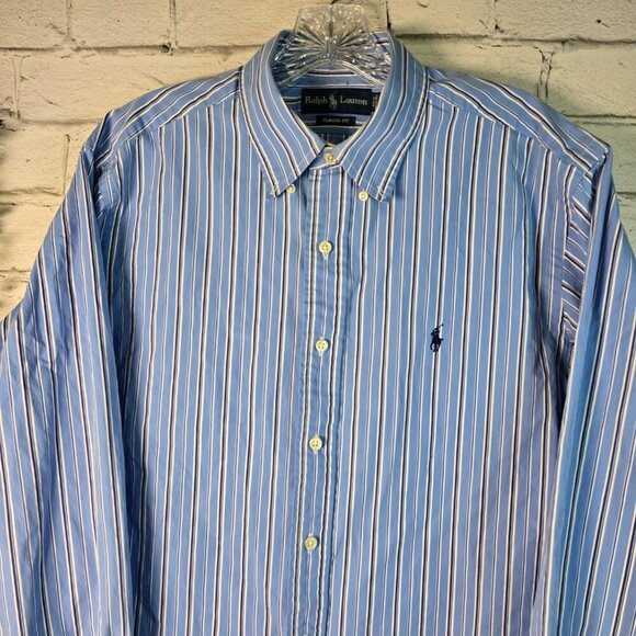 RALPH LAUREN BLUE LABEL MENS BUTTON DOWN LONG SLEEVE BLUE WHITE STRIPE LG - Picture 5 of 5